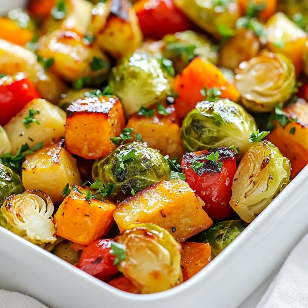 - 2 cups Brussels sprouts, halved - 1 large sweet potato, peeled and cut into bite-sized cubes - 1 red bell pepper, diced - 2 medium carrots, sliced - 3 tablespoons extra virgin olive oil - 2 tablespoons pure maple syrup - 1 tablespoon Dijon mustard - 1 teaspoon garlic powder - 1 teaspoon sea salt - ½ teaspoon freshly ground black pepper - Fresh parsley for garnish - Serving suggestions: quinoa, couscous I love using fresh, colorful veggies in my Maple Dijon Roasted Vegetables. Brussels sprouts add a nice crunch, while sweet potatoes bring a sweet touch. The red bell pepper and carrots add bright colors and flavors that make the dish pop. When picking your vegetables, choose ones that are firm and fresh. This ensures great taste and texture. For this recipe, I prefer using extra virgin olive oil. It adds a rich flavor and healthy fats. Maple syrup gives a natural sweetness. Dijon mustard adds a tangy kick, which balances the sweetness well. You can easily change the vegetables if you like. Try adding zucchini or cauliflower for different tastes. Just remember, keep your veggies cut into similar sizes. This helps them cook evenly. Don't forget the fresh parsley! It brightens the dish and adds a fresh flavor. You can serve these roasted vegetables over quinoa or couscous for a satisfying meal. {{ingredient_image_2}} Preheating the oven is key for great roasting. It helps cook the vegetables evenly. For this dish, set your oven to 425°F (220°C). This high heat gives the veggies a nice caramelization. Gather your vegetables: Brussels sprouts, sweet potato, red bell pepper, and carrots. Cut the sweet potato into small cubes. Slice the carrots into thin rounds. Halve the Brussels sprouts and dice the bell pepper. Keep all pieces similar in size. This helps them cook at the same rate. For the sauce, you need: - 3 tablespoons extra virgin olive oil - 2 tablespoons pure maple syrup - 1 tablespoon Dijon mustard - 1 teaspoon garlic powder - 1 teaspoon sea salt - ½ teaspoon freshly ground black pepper In a small bowl, whisk all the ingredients together. Make sure the mixture is smooth. This sauce adds a sweet and tangy flavor to the veggies. Drizzle the maple Dijon sauce over the vegetables. Use your hands or a spatula to toss them well. Each piece should be coated in the sauce. Next, line a baking sheet with parchment paper. This prevents sticking and helps with cleaning. Place the baking sheet in the preheated oven. Roast the vegetables for 25-30 minutes. Halfway through, stir the veggies to promote even browning. Check for doneness by poking with a fork. They should be tender and golden. After roasting, let the vegetables cool for a few minutes. This helps the flavors mix. Just before serving, sprinkle with fresh parsley. This adds color and a fresh taste to your dish. To achieve great caramelization, you need high heat. Preheat your oven to 425°F (220°C). Spread your vegetables in a single layer on the baking sheet. This helps them get that nice golden color. Stir the veggies halfway through cooking. This ensures even browning. For extra flavor, try adding spices. Smoked paprika or cumin can add warmth. You can also use fresh herbs like thyme or rosemary. Fresh ingredients make a big difference in taste. Choose seasonal veggies when possible for the best flavor. Serve the roasted vegetables in a colorful bowl. Drizzle any extra maple Dijon sauce over the top for more flavor. Garnish with fresh parsley for a bright touch. Pair with a side of quinoa or couscous for a complete meal. Pro Tips Chop Uniformly: Make sure all vegetables are cut into similar sizes to ensure even cooking and a consistent texture. Use Fresh Ingredients: Opt for fresh, seasonal vegetables to enhance the flavor and nutritional value of your dish. Don't Skip the Stir: Stirring the vegetables halfway through roasting helps achieve that perfect caramelization and prevents burning. Add a Kick: If you like a bit of heat, consider adding a pinch of cayenne pepper or red pepper flakes to the maple Dijon mixture. {{image_4}} You can change the main vegetables in this recipe. Try using seasonal options like butternut squash, zucchini, or even cauliflower. Each adds its own flavor. You can also mix and match vegetables for a rainbow effect. If you want a sweeter taste, add some parsnips or carrots. For a hearty dish, use root veggies like beets or turnips. The sky's the limit! This dish is easy to adjust for different diets. For a vegan version, ensure your maple syrup is pure. This recipe is already gluten-free, so you can enjoy it without worry. If you're watching carbs, swap out sweet potatoes for cauliflower. Cauliflower gives you a similar texture with fewer carbs. You can enjoy this dish while sticking to your dietary needs. If you want to play with flavors, add fresh herbs like thyme or rosemary. These herbs bring out the natural sweetness of the veggies. You can also try different mustards, like whole grain or spicy mustard, to change the taste. If you want a sweeter touch, use honey or agave syrup instead of maple syrup. Each change makes the dish unique and fun! To keep your roasted vegetables fresh, store them in an airtight container. Place them in the fridge right after they cool. Roasted vegetables stay good for about 3 to 5 days in the refrigerator. Always check for any signs of spoilage before eating. You can freeze leftovers for later use. Allow the roasted veggies to cool completely. Then, place them in freezer-safe bags. Remove as much air as possible before sealing. They can last up to 3 months in the freezer. To reheat, simply thaw them in the fridge overnight. Then, warm them in the oven or microwave. This method helps keep their taste and texture. Leftover roasted vegetables are very versatile. You can add them to salads for more flavor. Try mixing them into soups or stews for a hearty meal. You can even blend them into a sauce for pasta. Let your creativity flow! You can use many other vegetables. Try cauliflower, zucchini, or butternut squash. Beets add a nice color, too. Just remember to cut them into similar sizes for even cooking. Root vegetables like parsnips and turnips work well, too. Feel free to mix and match based on your taste. Yes, you can prep the vegetables ahead of time. You can wash, peel, and cut them a day in advance. Store them in an airtight container in the fridge. This will save you time when you are ready to cook. Just add the maple Dijon sauce right before roasting. Check the vegetables after 25 minutes. They should be tender and golden brown. Use a fork to test their softness. If they are not tender, roast for an extra 5-10 minutes. The vegetables should also have a nice caramel color. Absolutely! Maple Dijon roasted vegetables are great for meal prep. Once cooked, they store well in the fridge for about 4 days. You can heat them up for a quick lunch or dinner. They also taste great cold in salads or grain bowls. Yes, you can easily double or triple the recipe. Just make sure to use a larger baking sheet. Spread the vegetables out in a single layer. This helps them roast evenly. Keep an eye on the roasting time, as larger batches may need a few extra minutes. In this blog post, we explored a tasty recipe for Maple Dijon Roasted Vegetables. We covered the key ingredients, step-by-step instructions, tips for perfecting your dish, and variations to suit your taste. Remember, roasting brings out the best flavors in vegetables. Try new ingredients and experiment with seasonings. This dish not only tastes great but also fits many diets. Enjoy making it your own, and share it with friends for a healthy meal.