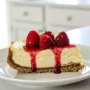 - 1 1/2 cups graham cracker crumbs - 1/4 cup granulated sugar - 1/2 cup unsalted butter, melted - 16 oz cream cheese, softened - 1 cup granulated sugar - 3 large eggs - 1/2 cup sour cream - 1/4 cup fresh lemon juice - Zest of 1 lemon - 1 cup fresh raspberries - 1/4 cup raspberry purée (store-bought or homemade) - 1 tablespoon cornstarch When I make Raspberry Lemonade Cheesecake, I love using fresh ingredients. The graham cracker crumbs create a perfect crust. The butter adds richness, while sugar balances the flavors. Cream cheese gives the cheesecake its creamy texture. I choose sour cream for extra smoothness. Fresh lemon juice adds a bright zing, and zest brings out the lemony scent. Fresh raspberries give color and a burst of flavor. Raspberry purée adds a sweet touch, and cornstarch helps the cheesecake set. Each ingredient plays a vital role in making this dessert memorable. This cheesecake serves about eight people. Each slice has roughly: - Calories: 320 - Fat: 20g - Carbohydrates: 30g - Protein: 5g This information helps you know what to expect. Adjust your portion sizes if you want fewer calories. - Springform pan - Mixing bowls - Electric mixer - Measuring cups and spoons Gathering your tools ahead makes cooking easier. A springform pan is best for cheesecakes. The sides release easily after baking. Mixing bowls and an electric mixer help you combine ingredients well. Accurate measuring cups and spoons ensure perfect results. With the right tools, you can focus on creating a delicious dessert. {{ingredient_image_2}} 1. Preheat your oven to 325°F (160°C). This step helps the crust bake evenly. 2. In a medium bowl, mix 1 1/2 cups of graham cracker crumbs with 1/4 cup of granulated sugar. Stir well. 3. Add 1/2 cup of melted unsalted butter to the bowl. Mix until the crumbs are moist. 4. Press this mixture into the bottom of a 9-inch springform pan. Make it firm and even. 5. Bake the crust for 10 minutes. This gives it a nice golden color. Remove from the oven and let it cool slightly. 1. In a large bowl, use an electric mixer to beat 16 oz of softened cream cheese with 1 cup of granulated sugar. Mix until smooth. 2. Add 3 large eggs one at a time. Mix well after each egg to keep it creamy. 1. To the cream cheese mixture, stir in 1/2 cup of sour cream, 1/4 cup of fresh lemon juice, and the zest of 1 lemon. Blend until well mixed. 2. Gently fold in 1 cup of fresh raspberries and 1/4 cup of raspberry purée. Be careful not to break the raspberries too much. 1. Pour the cheesecake filling over the cooled crust in the springform pan. 2. Bake in the oven for 50 to 60 minutes. The edges should be set, but the center can jiggle a bit. 1. Turn off the oven and leave the cheesecake inside with the door slightly open for 1 hour. This helps it cool slowly. 2. After an hour, remove the cheesecake from the oven. Let it cool to room temperature on the counter. 3. Once cooled, cover it with plastic wrap and refrigerate for at least 4 hours. For the best flavor, chill overnight. To get the best texture, always use room temperature ingredients. Cold cream cheese can lead to lumps. This makes it hard to mix well. Make sure to take your cream cheese out of the fridge about an hour before you start. Cracks can ruin the look of your cheesecake. To avoid this, don't overbeat the filling. Mix just until smooth. When baking, make sure the oven temperature is not too high. A gentle bake helps keep your cheesecake smooth and crack-free. Garnishing your cheesecake is easy and fun! You can use fresh raspberries on top. A drizzle of raspberry purée adds color and flavor. For a touch of green, add a mint sprig. This gives a nice contrast to the pink and yellow. When serving, cut the cheesecake into nice, even wedges. Use a sharp knife for clean cuts. Place each slice on a decorative plate. Pair it with a small glass of lemonade for a refreshing touch. This makes your dessert even more appealing. One common mistake is overmixing the filling. This can add too much air, causing cracks. Mix just until everything is combined. Another mistake is skipping refrigeration time. This step is key for flavor and texture. Let your cheesecake chill for at least four hours. If you can, let it sit overnight. This will help the flavors meld and improve the taste. Pro Tips Use Room Temperature Ingredients: Ensure your cream cheese and eggs are at room temperature for a smoother batter and to avoid lumps in your cheesecake. Don’t Overmix: When adding the eggs and folding in the raspberries, mix just until combined to maintain a light and airy texture. Water Bath Method: For a creamier texture, consider baking your cheesecake in a water bath, which helps regulate the temperature and prevents cracking. Chill Overnight: For the best flavor and texture, allow your cheesecake to chill overnight in the refrigerator before serving. {{image_4}} You can switch up the flavors in your cheesecake. Try using strawberries or blueberries instead of raspberries. These fruits add their unique taste and color. If you want something richer, mix in chocolate or vanilla flavors. A chocolate swirl can make it extra special. Vanilla gives a nice, smooth touch to the cheesecake. The crust can change your cheesecake game. Instead of using graham cracker crumbs, you can use Oreo cookies for a chocolate twist. Crush them finely and mix with butter. For a gluten-free option, use almond flour. Just combine it with melted butter and press it into your pan. You don’t have to stick to one style of cheesecake. A no-bake version is easy and quick. Just mix the filling, pour it into a crust, and chill until firm. Mini cheesecake bites are also fun. Use a muffin tin to make them bite-sized. They are perfect for parties or snacks. To keep your Raspberry Lemonade Cheesecake fresh, wrap it tightly in plastic wrap. Place it in the fridge. This helps the cheesecake maintain its creamy texture. If you have a lot left, you can freeze it too. Slice the cheesecake first, then wrap each piece. Store the slices in an airtight container or freezer bag. This way, you can enjoy it anytime! The cheesecake stays fresh in the fridge for about 5 days. For the best taste, eat it in the first 2-3 days. If frozen, it can last for up to 3 months. Make sure to label your container with the date. This helps you keep track of how long it has been stored. To thaw frozen cheesecake, move it from the freezer to the fridge. Let it sit overnight to thaw slowly. If you're in a hurry, you can leave it at room temperature for about 1 to 2 hours. Avoid using a microwave, as this can change the texture. Once thawed, enjoy your cheesecake chilled for the best flavor! You can use Greek yogurt or buttermilk instead of sour cream. Both options add creaminess. Greek yogurt gives a thicker texture, while buttermilk adds a slight tang. Either will work well in your cheesecake. Yes, you can make this cheesecake ahead of time. Prepare it a day before you plan to serve it. Let it chill in the fridge overnight. This allows the flavors to blend nicely. Look for the edges to be set, but the center should still jiggle slightly. If the edges puff up a bit, that’s normal. Once it cools, the center will firm up. You can use frozen raspberries, but there are some tips. Thaw them first and drain excess liquid. This prevents your filling from becoming too watery. Fresh raspberries work best for presentation. To slice your cheesecake, use a sharp knife. Dip the knife in warm water and wipe it dry before each cut. This gives you clean slices and keeps the raspberries intact. This article covered the key steps to make a delicious raspberry cheesecake. You learned about the ingredients, preparation, baking, and storage tips. Each part is vital to ensure a tasty treat. Remember to use fresh ingredients for the best flavor. Avoid common mistakes and try various flavors for fun. This recipe is a great way to impress friends and family. Enjoy your baking adventure and relish this creamy dessert!